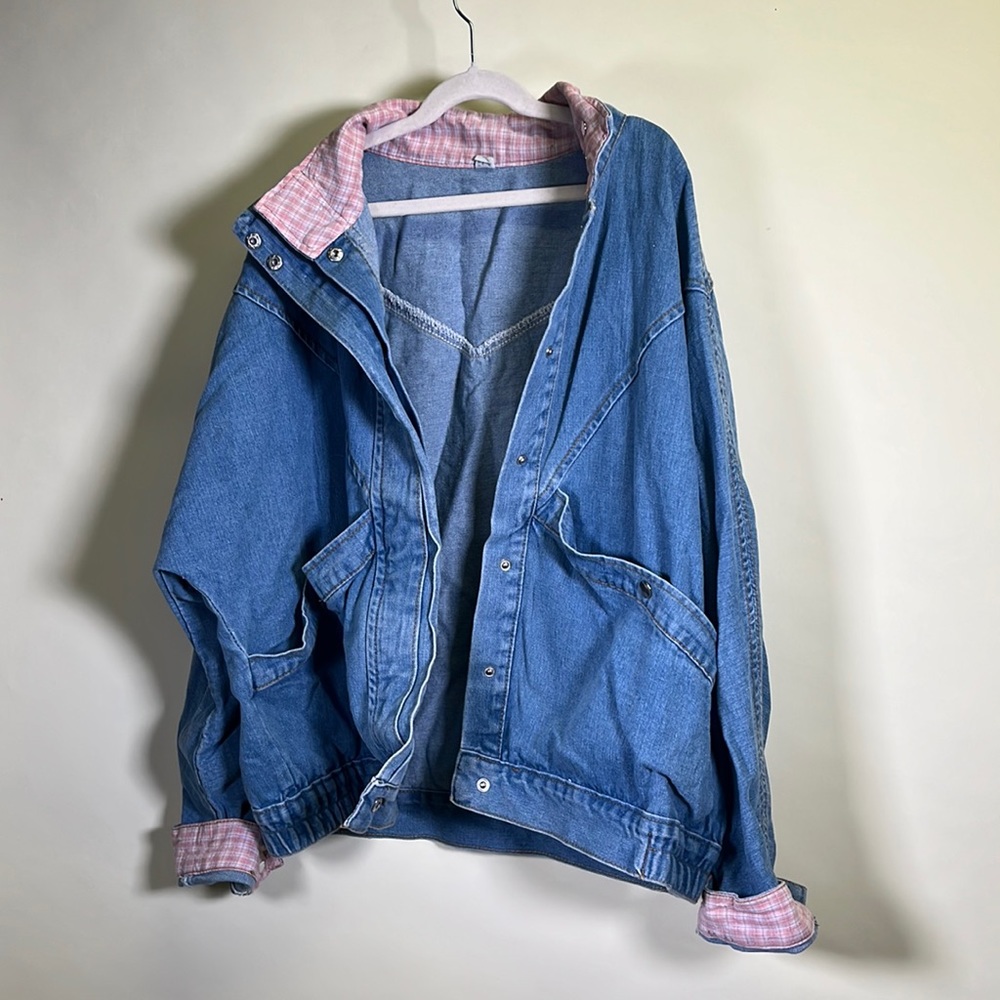 vintage-style denim jacket with plaid details, size medium, oversized fit, cute!